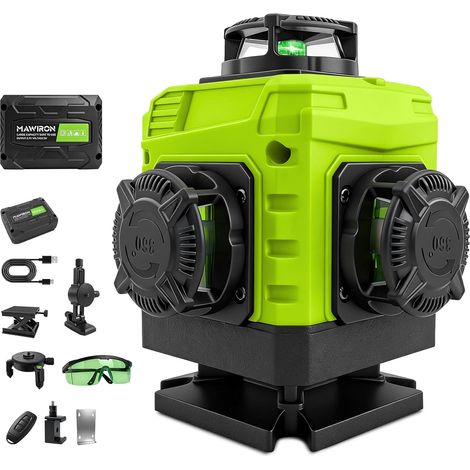 Niveau Laser Chantier Autonivelant 360° x 4, Lazer Niveaux 4D 16 Lignes Laser, Autonivellement et Mode Pulsé Extérieur, 1 x Batterie, Nivellement Automatique, Support Rotatif, Télécommande, Trépied (1/5)