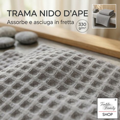 Asciugamani Nido d'Ape 100% Cotone 330 g/m² Made in Italy – Set 2 Pezzi (60x110 + 40x60) Tex Family – Antracite