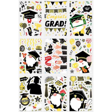 Décoration murale autocollante de graduation avec gnome, chapeau diplôme, coupe et trophée – stickers pour fenêtre, porte et mur, accessoires de fête et cadeau pour diplômé. (1/4)