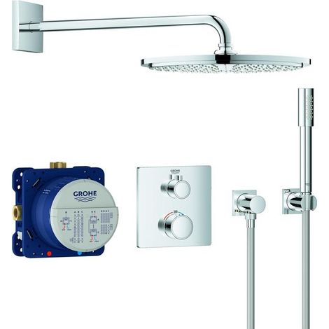 GROHE Duschsystem Unterputz Grohtherm 34730, mit Grohtherm Thermostat mit integrierter 2-Wege-Umstellung, Rainshower Cosmopolitan 310 Metall-Kopfbrause, eckige Rosette, chrom (1/4)