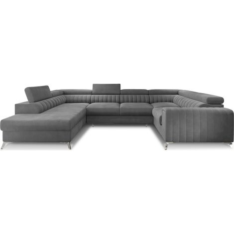 Canapé panoramique convertible LOUVE velours - Rangement et têtières réglables à gauche-Gris perle-Coffre à gauche (1/5)