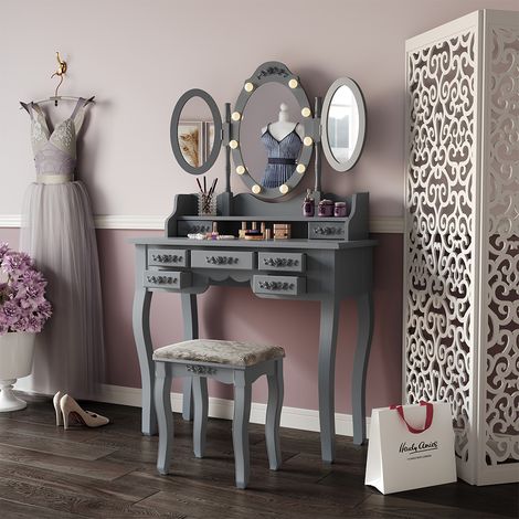 Schminktisch Diana, Grau, 90 cm mit Beleuchtung und Hocker, Vicco
