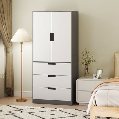 Armoire chambre penderie avec 2 portes à fermeture douce, 3 tiroirs et barre de suspension, gris et blanc, 80x50x180cm (1/5)