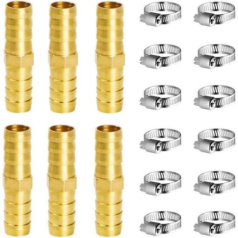 YMYNY Raccord en Laiton de Tuyau Raccord Pneumatique 10mm, 6 Pièces Connecteur de Tuyau en Laiton pour Carburant Air Eau Gaz Huile, Avec pinces (I) (1/4)