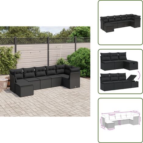 7-tlg. Garten-Sofagarnitur mit Kissen Schwarz Poly Rattan - Gartengestell - Gartenmöbelset - Lounge Set - Rattan Sofa - Gartenlounge (1/5)