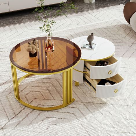 tavolo soggiorno doppio rotondo 70 cm in vetro bianco OKMYHOME (1/5)
