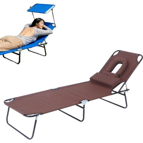 Chaise de plage portable, transat d'extérieur, pliable, avec appui-tête amovible, convient pour la piscine, la terrasse et la pelouse, marron. (1/5)
