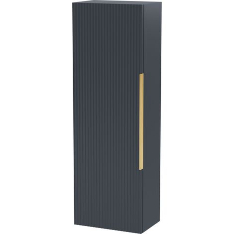 Fluted Front Wall Hung Single Door Tall Bathroom Storage Unit, 400mm, Dark Grey, Brushed Brass Handle
