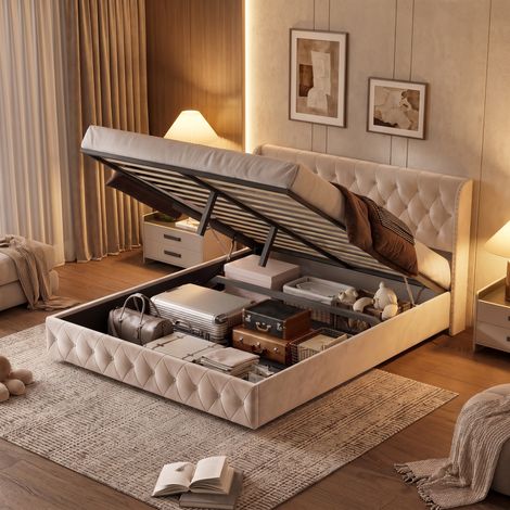 Cama con somier de láminas y canapé - 140x190 cm - Cama doble con almacenamiento hidráulico y cabecero acolchado con tachuelas de terciopelo - Beige (1/5)