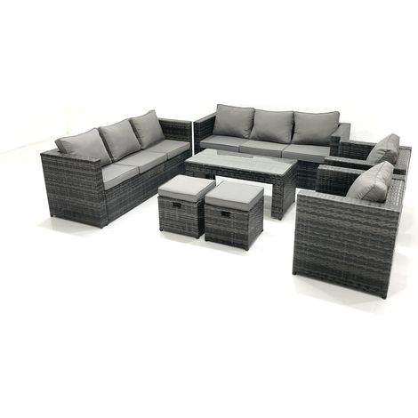 Fimous Rattan Garden Furniture Sofa Set with Coffee table Armchair 2 Small Footstools Dark Grey Mixed (1/5)