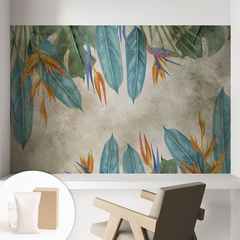 Papier peint intissé mural avec colle pour salon et chambre Décoration murale rapide - Colle incluse gratuite Fleurs tropicales 104x70 cm (1/5)