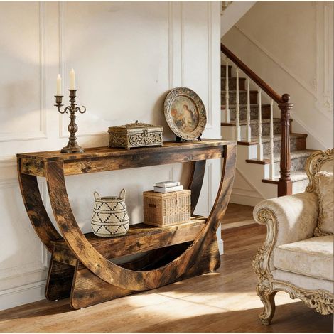 Meuble TV en MDF brun rustique 160 cm, console style campagne avec 2 niveaux ouverts (1/5)