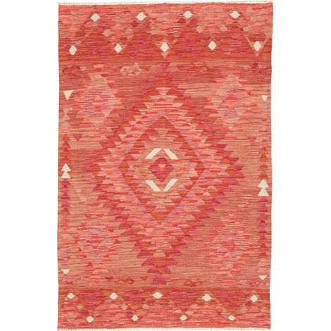 Tapis kilim 100 x 155 cm, géométrique, rouge, orange, rose, en laine naturelle, tissé artisanal, idéal pour chambre (1/5)