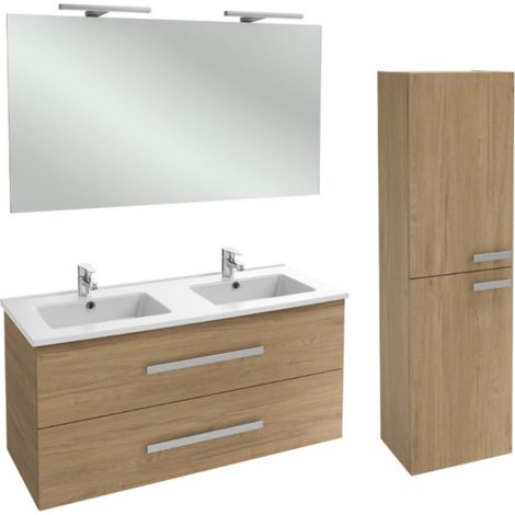 Mueble lavabo doble 120 cm JACOB DELAFON Ola Up roble + columna + espejo y focos (1/5)