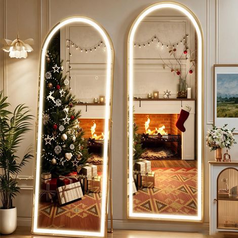 VASIEN – Miroir pleine longueur LED 150x40 cm tactile,arche bords arrondis, 3 couleurs dimmables,cadre aluminium doré,miroir mural et sur pied pour chambre dressing (1/5)