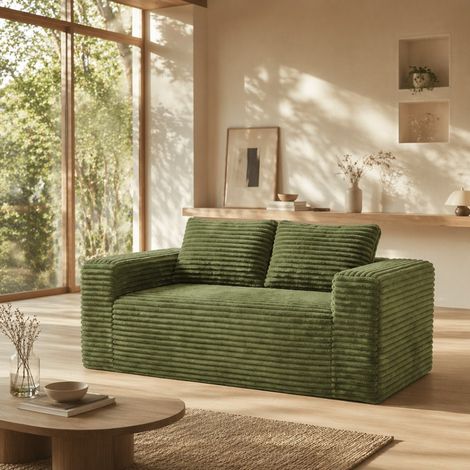 Canapé 2 Places en Velours Côtelé 160x88x58cm – Canapé Paresseux Confortable en Mousse Haute Densité – Vert (1/5)