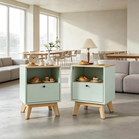 Comodini set da 2 con cassetto e nicchia aperta, MDF, verde chiaro e effetto rovere HAVRYA (1/5)