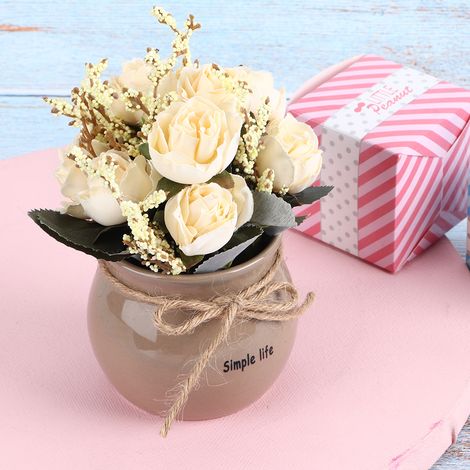 Vase en céramique avec rose artificielle en soie blanche, décoration pour la maison ou le bureau. (1/5)