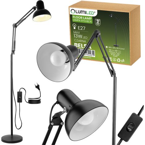 Lampada da terra/tavolo a LED Belsa Lumiled, attacco E27, nera, con regolazione in altezza.
