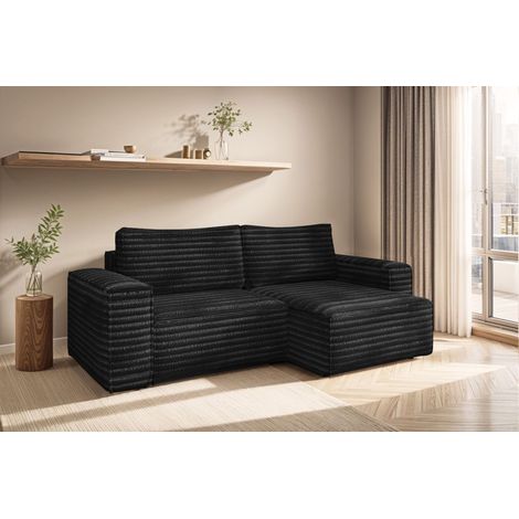 Ecksofa Schlafsofa MADLEN Stoff Velo Schwarz Ottomane Rechts (1/5)