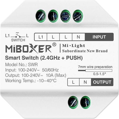 Miboxer SWR Smart Switch (2,4 GHz + Druckknopf, 10 A, 230 V Wechselstrom, Tuya) (1/5)