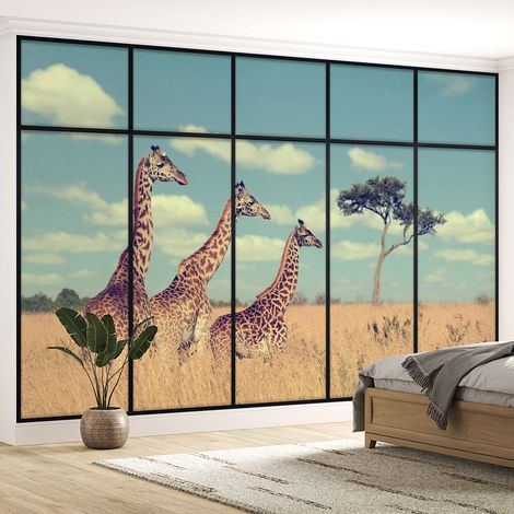 Papier peint panoramique Trompe l'oeil Verrière - Girafes - 130 cm x 82 cm (1/5)