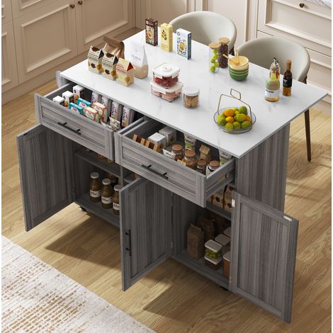 Carrello 129x46x91,5 cm in MDF Bianco e Grigio Kaki, Piano Marmorizzato e Prolunga Pieghevole 120x76 cm (1/5)