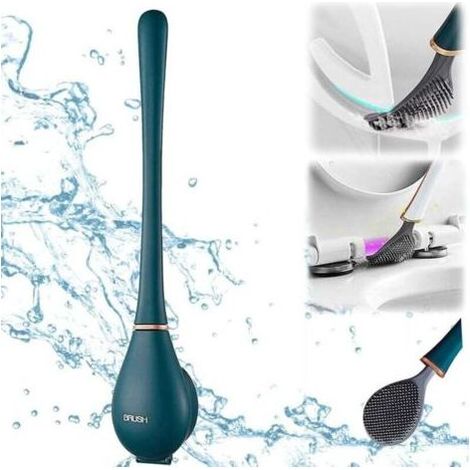 Spazzola WC, silicone flessibile, con una testa piatta e flessibile, moderno, montaggio a parete, senza perforazione, con il supporto di asciugatura rapida (blu) (1/5)
