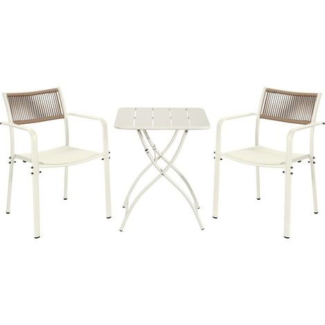 3 Piece Bistro Garden Set with 2 Rope Back Armchairs and Square Foldign Table - Plastic/Metal - L56 X W54 X H80 cm - White - Flat Packed