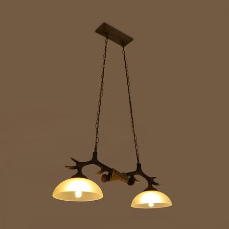Lustre en résine à Bois de cerf, Suspension en Forme de Corne de cerf, îlot Central, 2 lumières, Abat-Jour en Verre Rustique Vintage, plafonnier, Style Campagne pour Noël, Cuisine/Chambre/ba (1/5)