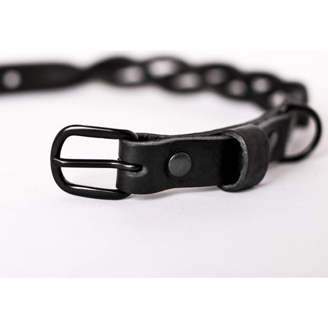 Collier pour Chien en Cuir Tressé Noir Fait Main en Cuir Tanné Végétal avec Boucles - PANGIVO