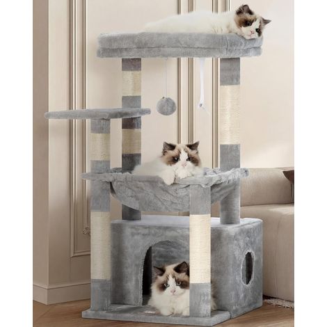 Arbre À Chat, Arbre À Chat avec Très Grand Panier pour Matou, Bois À Matou avec Lit Spacieux pour Matou Et Couchette Cachée, et Balle en Peluche, Gris Clair HCT008SW