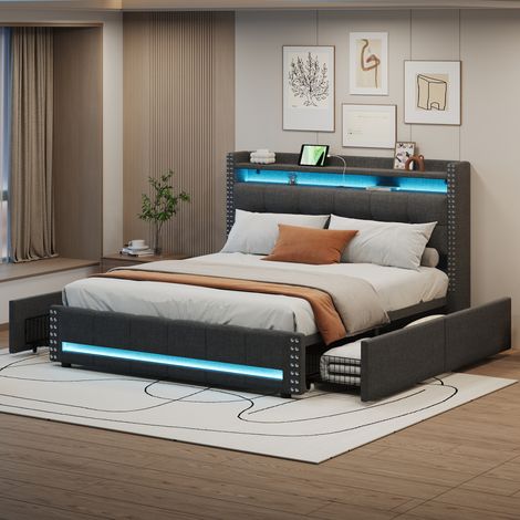 Lit adulte 160x200 cm, lit double avec 4 tiroirs éclairage LED et prise USB, tissu en lin gris, sans matelas (1/5)