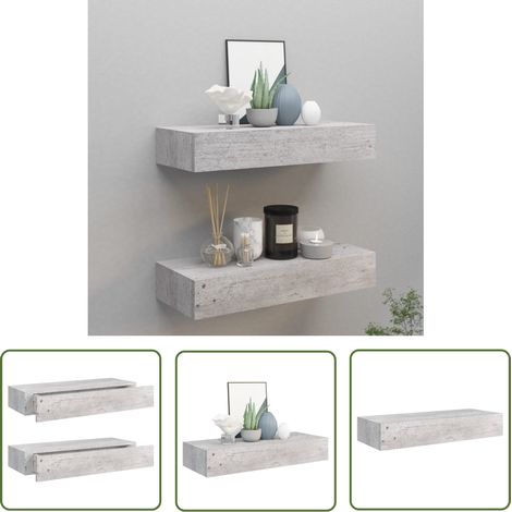 The Living Store Étagères à tiroir murales 2 pcs Gris béton 60x23,5x10 cm MDF - Etagere Murale - Étagère Suspendue - Rangement Mural - Meuble Déco - Étagère Tiroir (1/5)