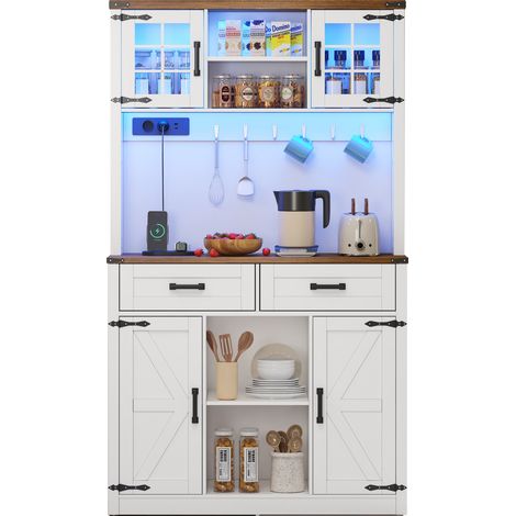 Buffet Avec LED, 2 Tiroirs, Portes Style Grange Et Étagères Réglables, Couleur Blanche. (1/5)