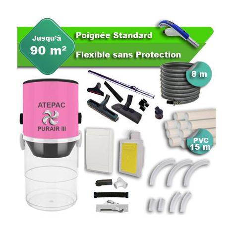 Aspirateur central PURAIR III garantie 5 ans + flexible rétractable 8 m standard + 7 accessoires + kit 1 prise RETRAFLEX + kit prise balai (rayon d'action 90 m2) (1/5)