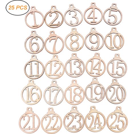 25 étiquettes de calendrier de l'Avent en bois (1 à 25) - Décorations pour la maison et les fêtes de Noël (1/5)