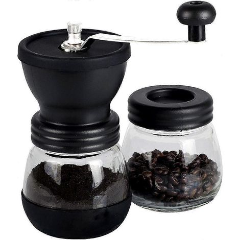 Moulin à café manuel à meules en céramique, capacité du récipient à café : 350 ml (12 oz), noir, avec poignée en acier inoxydable et revêtement en silicone. 2025 (1/5)