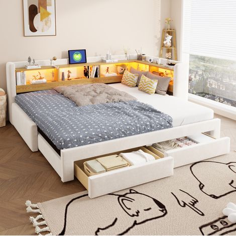 Divano letto 3 in 1 90x200 cm estensibile 180x200 cm con cassetti, LED e presa DESVIAE (1/5)