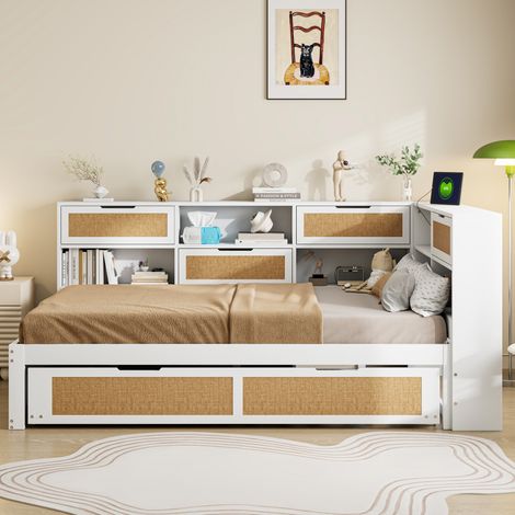 Canapé Lit 2-en-1 140x200 cm avec Tiroir Gigogne 90x190 cm - Rangements Multiples - Prises USB Intégrées - Structure Pin Massif - Blanc (1/5)