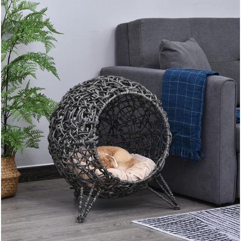 Panier pour chat en rotin PE avec coussin gris argenté Ø52 x 58 cm OKWISH (1/5)