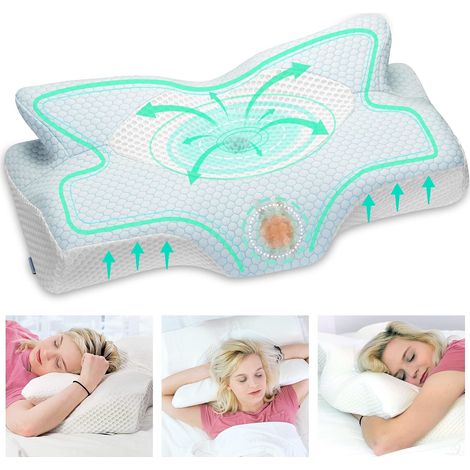 Oreiller Cervical en Mémoire de Forme Ergonomique Soutien Nuque Adapté pour Dormir sur Le Côté, sur Le Dos et sur Le Ventre, Coussin Ergonomiques Cervical pour la Nuque, 64x38x12,5cm (1/5)