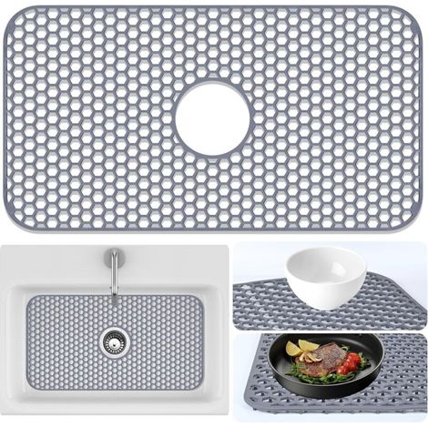 Tapis de protection pour évier de cuisine - 66,5 cm x 35,5 cm, pour évier et vaisselle en acier inoxydable, tapis de protection en caoutchouc avec évacuation centrale (gris) (1/5)