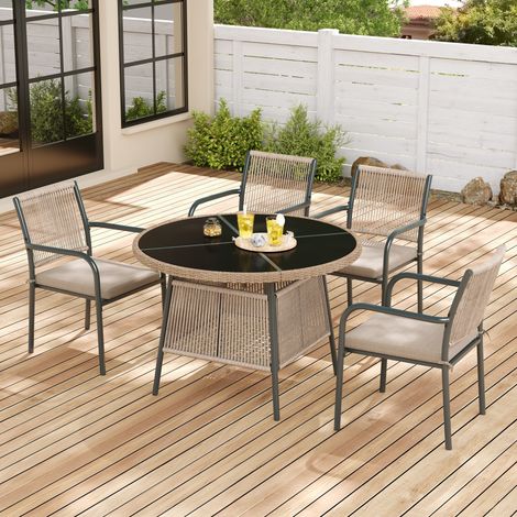 Salon de jardin - Ensemble de meubles de jardin moderne en rotin, table ronde en verre + 4 fauteuils, structure en métal, idéal pour terrasse et balcon - Noir