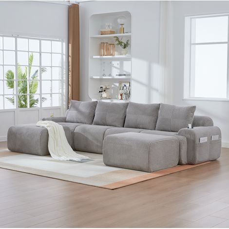 Sofa 4-Sitzer modular mit Cupholder Cord Hellgrau OKMYHOME (1/5)