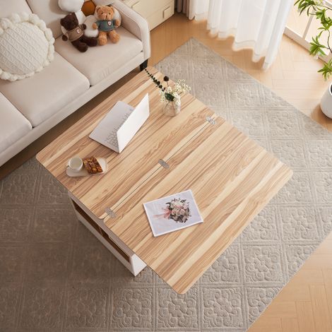=313593594WAA Table basse multifonction relevable - le plateau s’ouvre en 2 tables, blanc + couleur bois naturel, grande capacité, mobilier moderne pour salon, table de salle à manger de bureau, table (1/5)