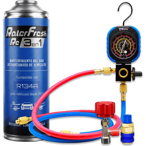 Pack Gas Refrigerante Ralerfresh RC R134A 3en1 500ml con Manometro RF31, llave y conector