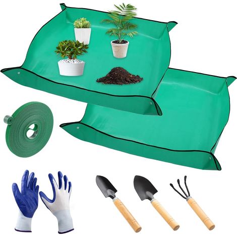 2 Pièces Tapis de Rempotage, 100x100cm Tapis de Jardinage avec Pelle et Râteau, Sangles Végétale et Gants, Imperméable Tapis de Plante, Tapis de Plantation de Fleurs de Jardin pour Plantes (1/5)