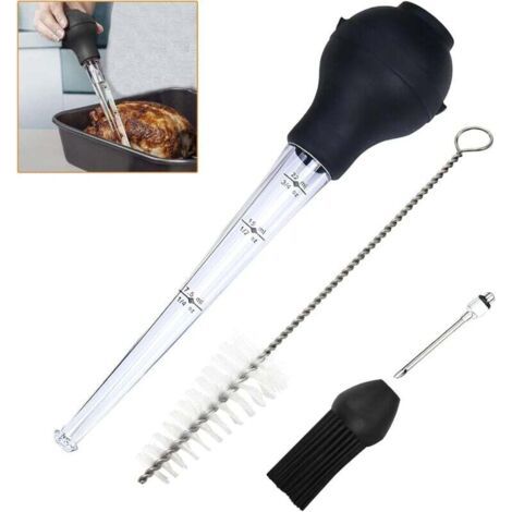 Viande de Seringue, Poire à Sauce Poulet Turquie Barbecueavec Brosse de Nettoyage, Pinceau de Silicon y Aiguille d'Injecteur, Pipette pour Barbecue, Bœuf, Bacon, Poulet, Porc, Dinde (Noir) (1/4)