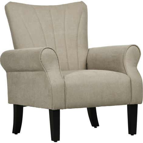 Beige Upholstered Accent Chair with Rolled Arms and Wooden Legs for Living Room and Bedroom Decor
